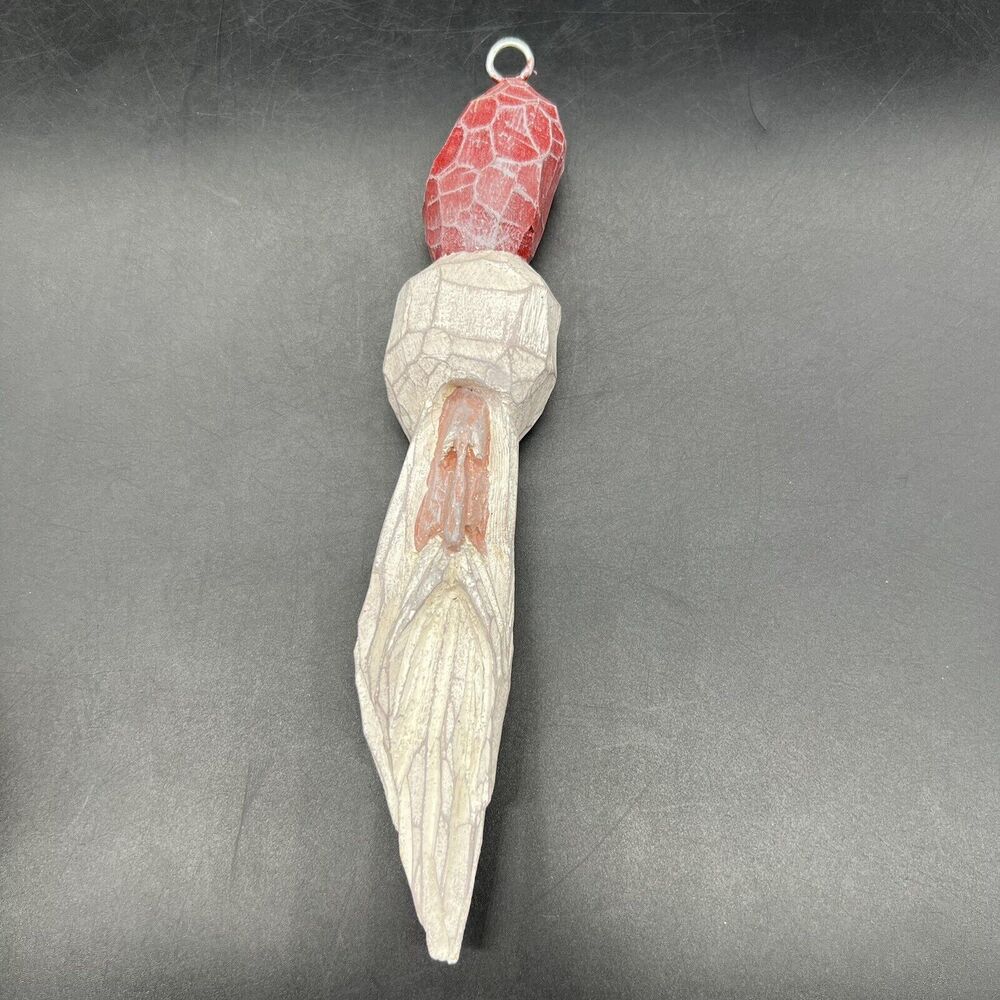 Vtg Wood Santa Elongated Crackle Glitter Tree Ornament 9” Tall